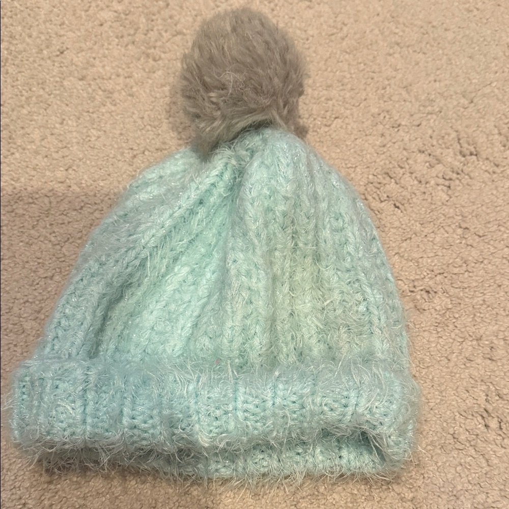 The Children's Place Light Blue Knit Hat with Gray Pom(Ships from OR)